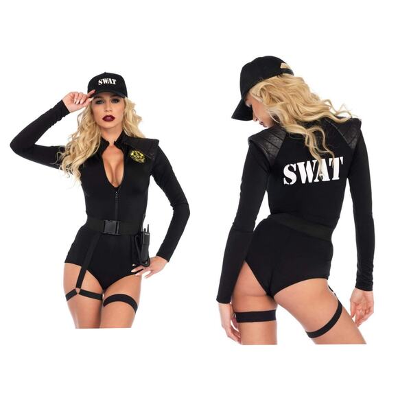 Leg Avenue Black Sexy SWAT Babe Halloween Costume Police Officer Cop Bodysuit - Picture 1 of 12